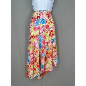 90s Vintage Skirt Women Medium Red Floral Midi Satin Watercolor Boho Artsy Flowy